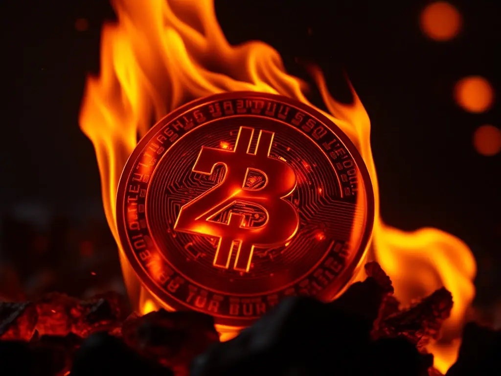 An abstract representation of a burning coin, symbolizing the 2% burn mechanism that reduces the total supply of SolBacK, increasing scarcity and potentially driving up the value of remaining coins. The background is dark and dramatic.