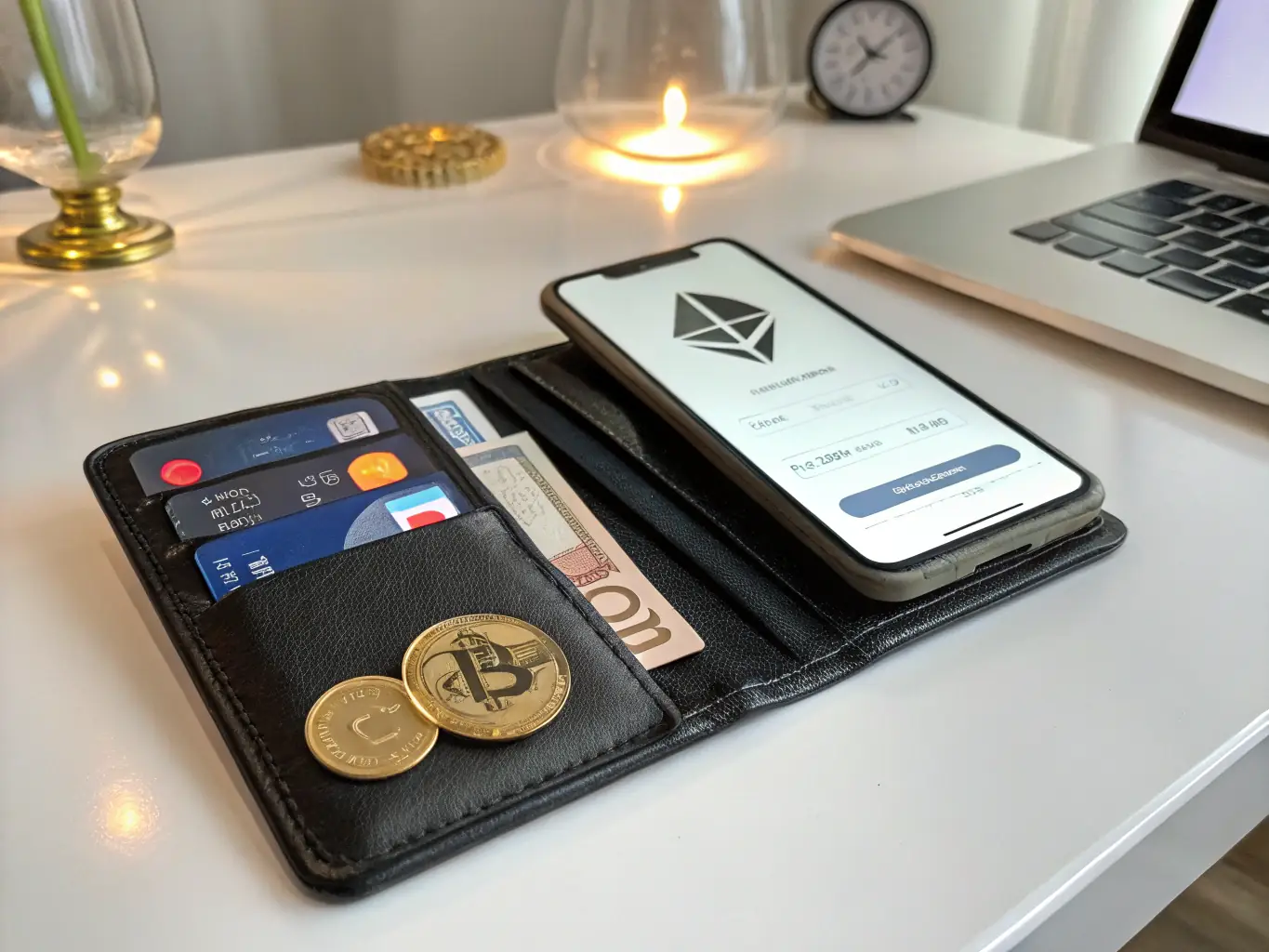 A close-up shot of a digital wallet overflowing with SolBacK coins, symbolizing the high returns and passive income potential of the system. The background is a blurred cityscape, representing the global reach of the cryptocurrency.